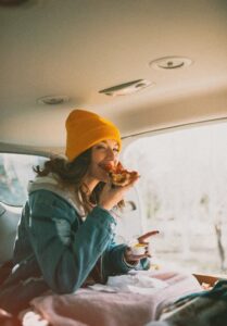 Eating Pizza with quality toppings